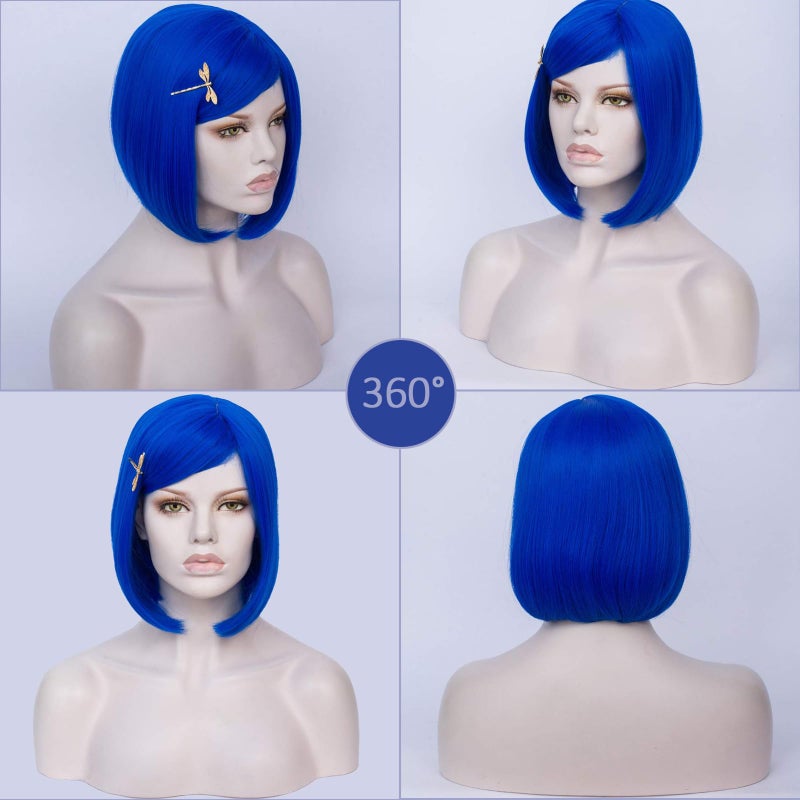 MORTICIA Short Straight Blue Women Bob Full Bang with Gold Dragonfly Hairpin (Adult) - Image 4